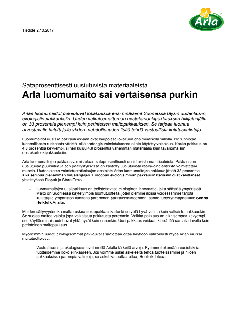 Arla luomumaito sai vertaisensa purkin - Sataprosenttisesti uusiutuvaa materiaalia