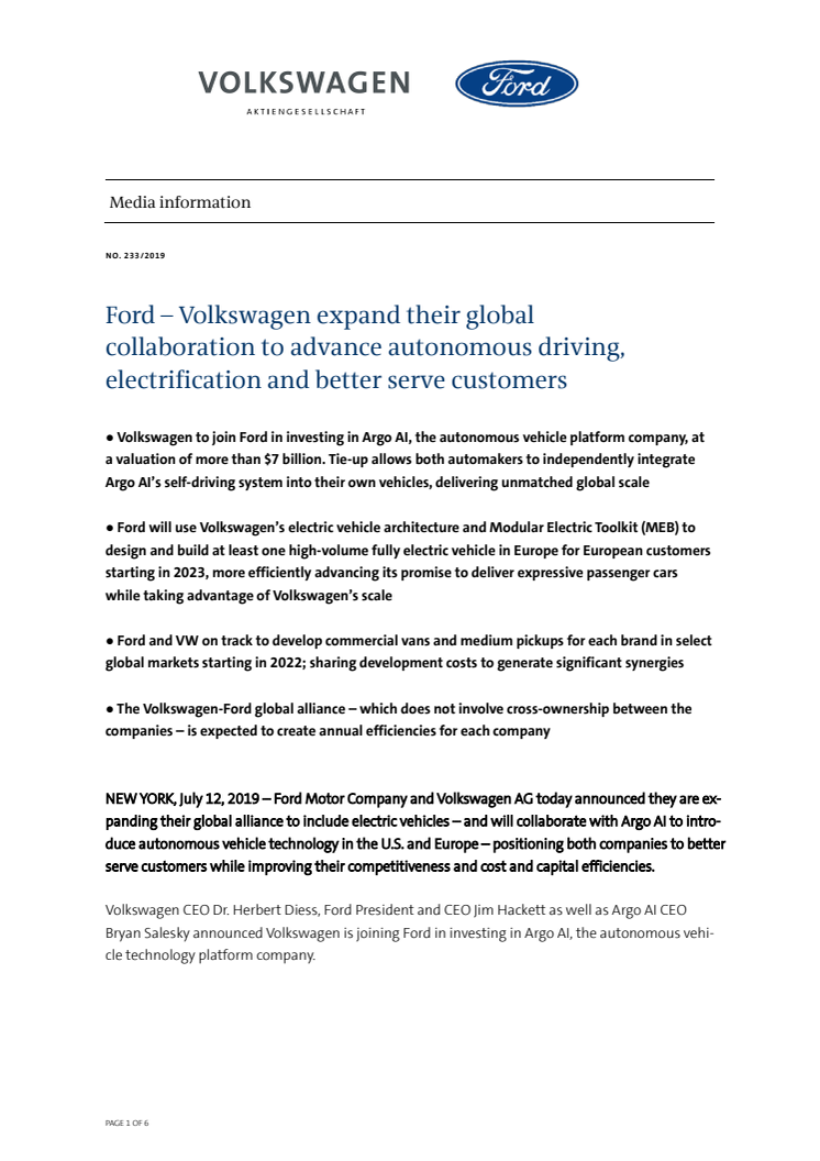 Volkswagen og Ford udvider deres globale samarbejde til at omfatte elektrificering og teknologier indenfor autonom kørsel