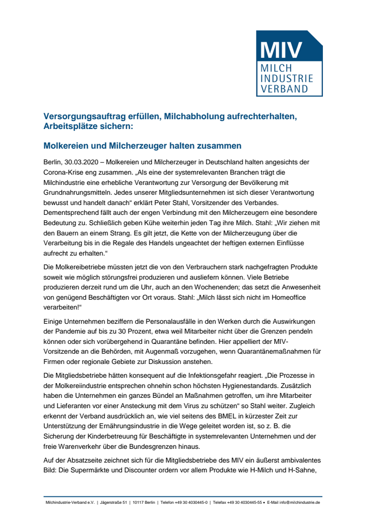 Versorgungsauftrag erfüllen, Milchabholung aufrechterhalten,  Arbeitsplätze sichern: Molkereien und Milcherzeuger halten zusammen