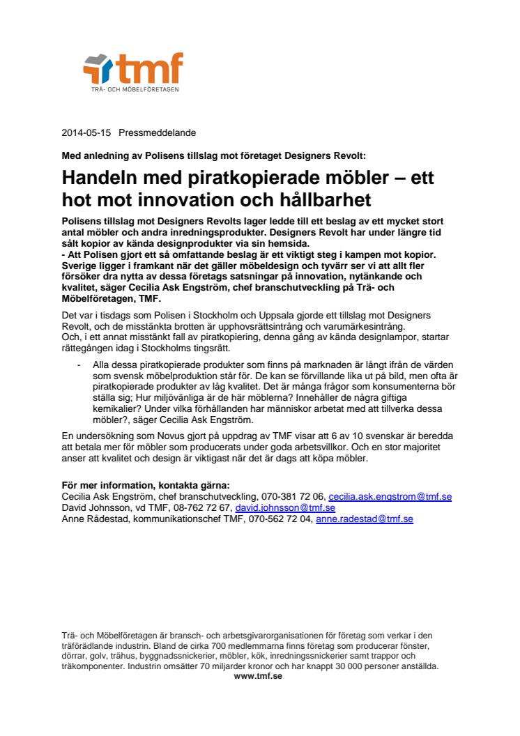 Med anledning av Polisens tillslag mot företaget Designers Revolt: Handeln med piratkopierade möbler – ett hot mot innovation och hållbarhet