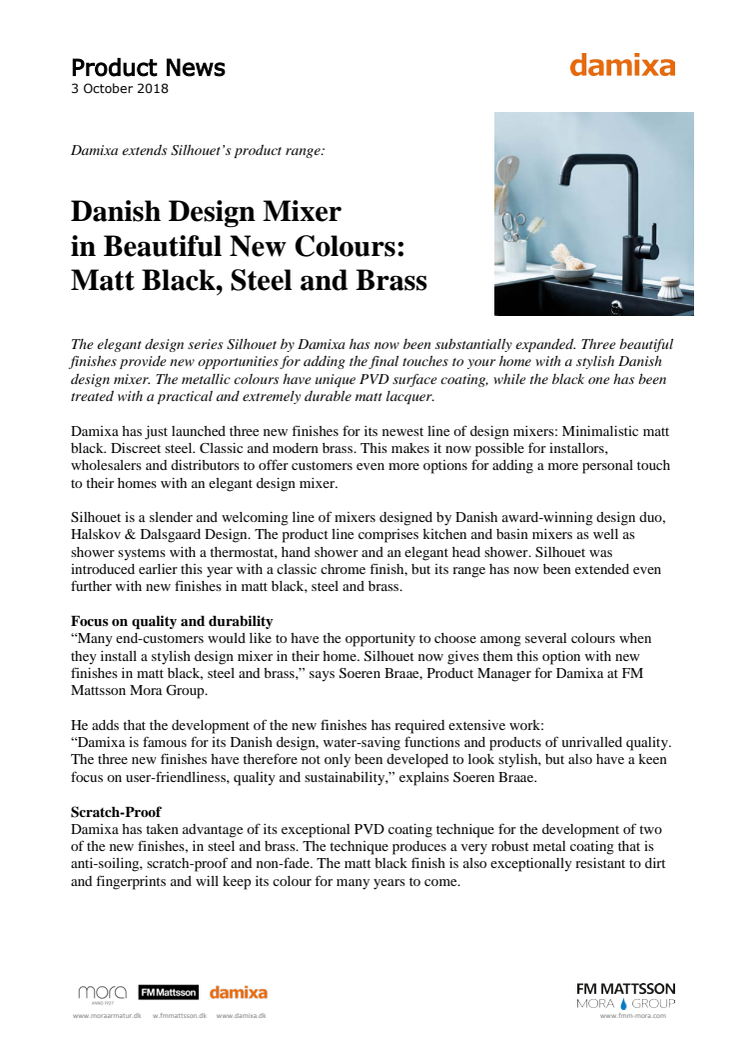 Danish Design Mixer in Beautiful New Colours: Matt Black, Steel and Brass 