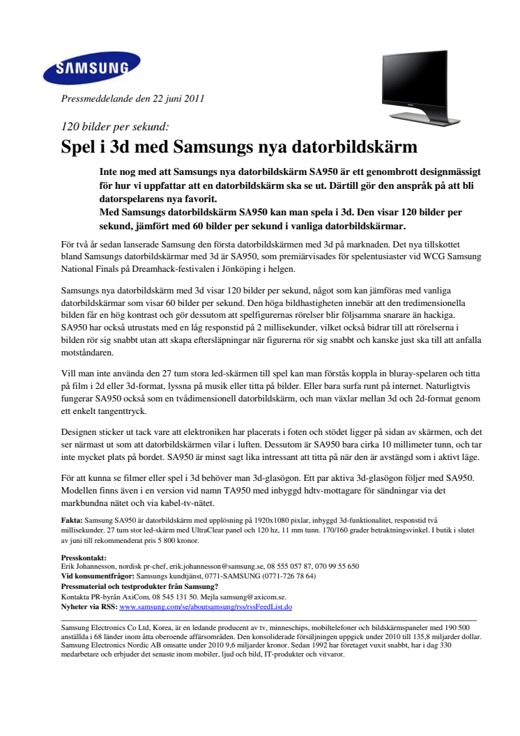 Spel i 3d med Samsungs nya datorbildskärm