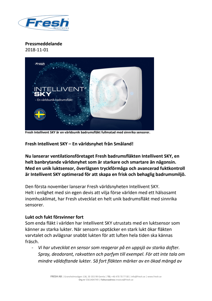 Fresh Intellivent SKY  - En världsnyhet från Småland!