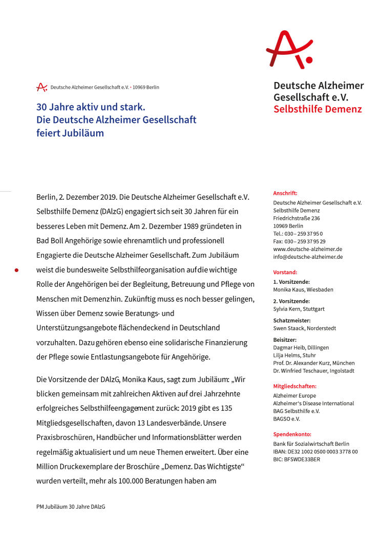 30 Jahre aktiv und stark. Die Deutsche Alzheimer Gesellschaft feiert Jubiläum