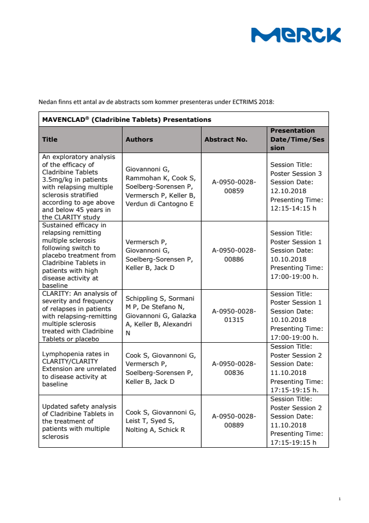 Ny effekt- och säkerhetsdata för Mercks  MS-portfölj presenteras vid ECTRIMS 2018