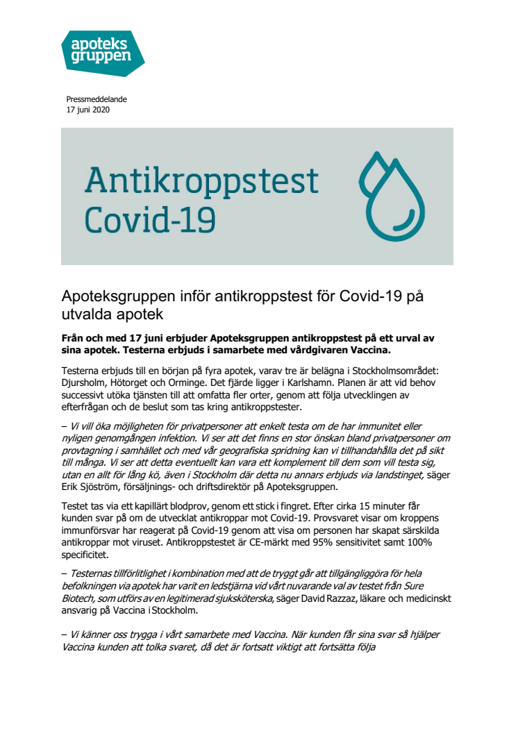 Apoteksgruppen inför antikroppstest för Covid-19 på utvalda apotek 