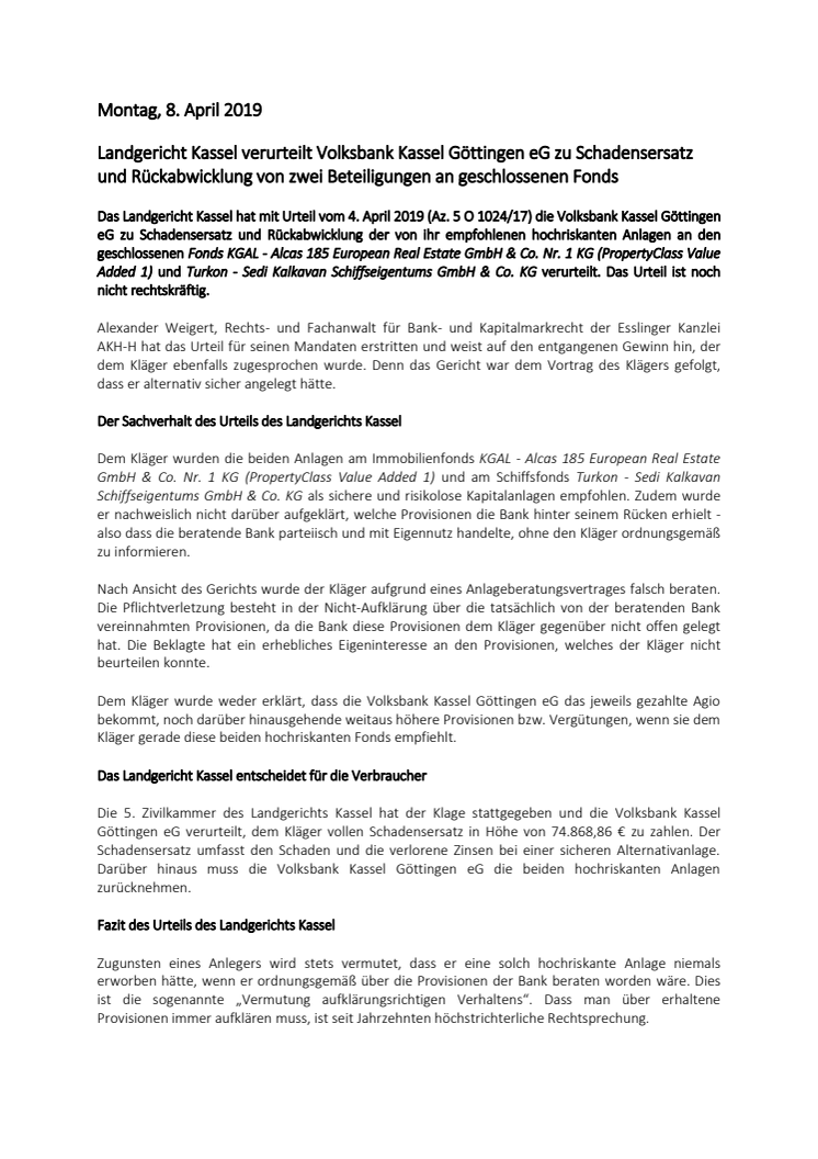 Landgericht Kassel verurteilt Volksbank Kassel Göttingen eG zu Schadensersatz und Rückabwicklung von zwei Beteiligungen an geschlossenen Fonds