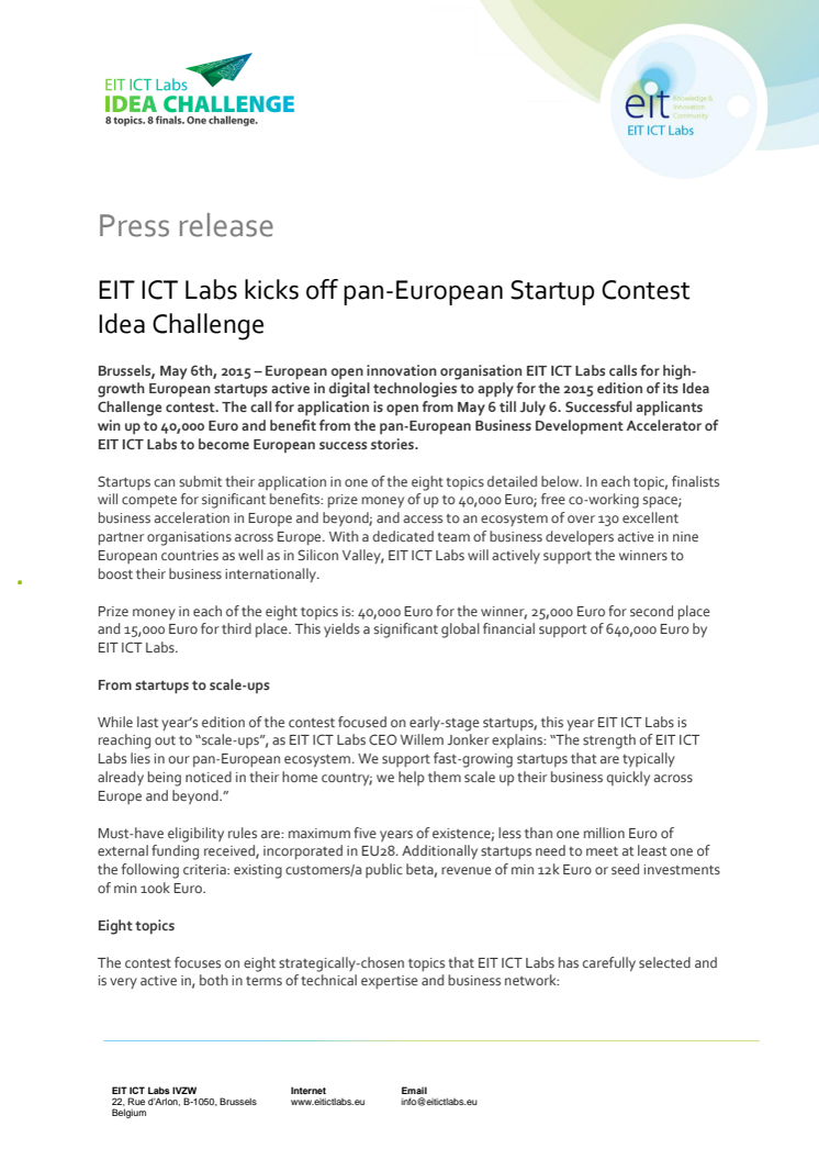 EIT ICT Labs kicks off pan-European Startup Contest Idea Challenge