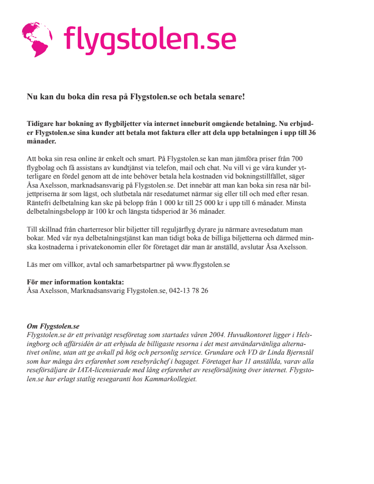 Nu kan du boka din resa på Flygstolen.se och betala senare!