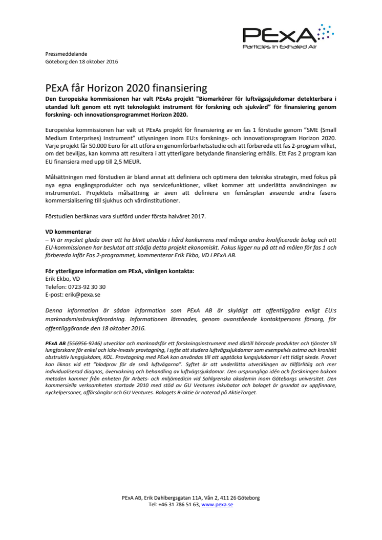 PExA ehåller Horizon 2020 finansiering