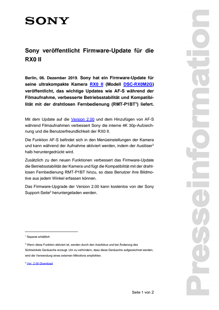 Sony veröffentlicht Firmware-Update für die RX0 II