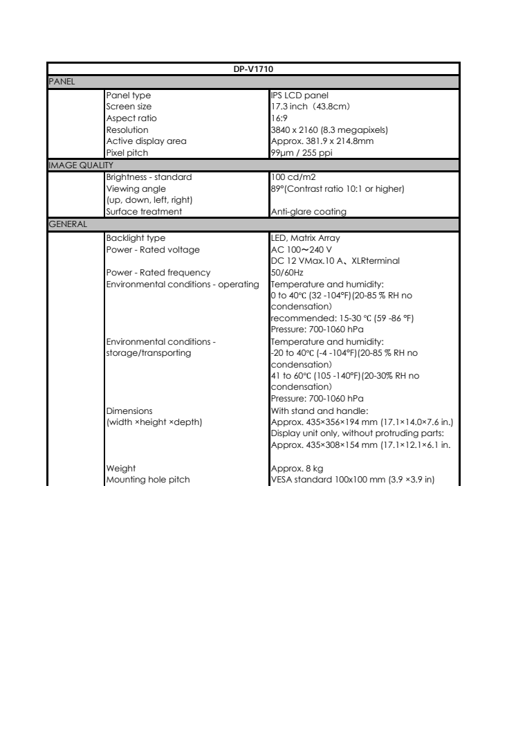 Canon Tekniska specifikationer DP-V1710