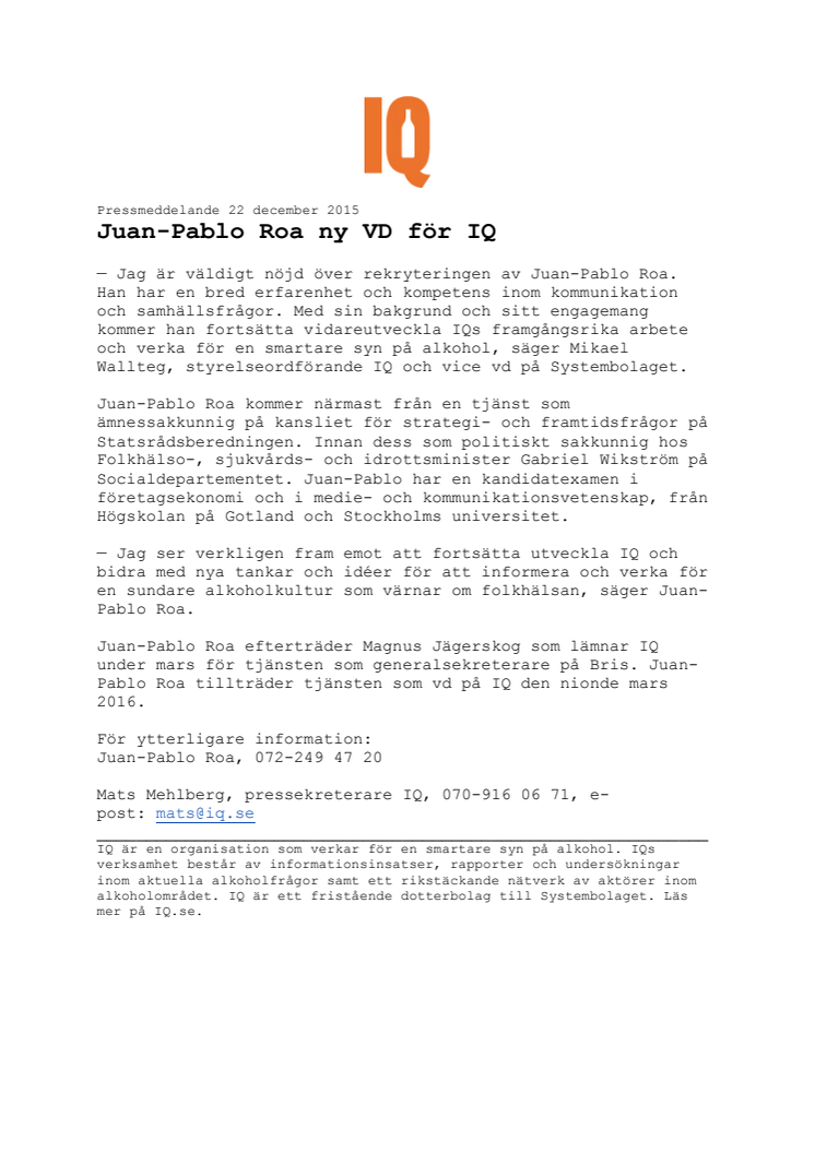 Juan-Pablo Roa ny VD för IQ