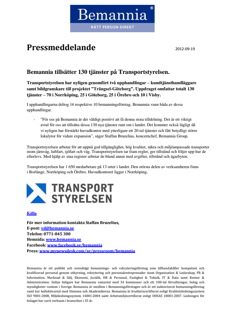 Bemannia tillsätter 130 tjänster på Transportstyrelsen