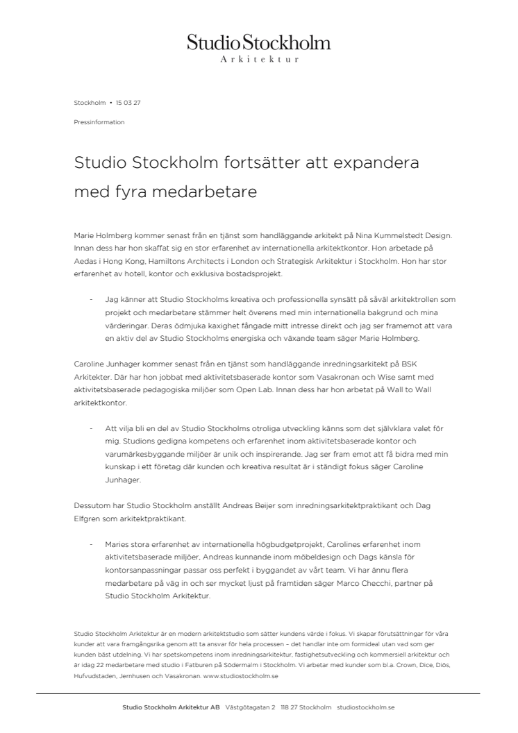Studio Stockholm fortsätter att expandera med fyra medarbetare