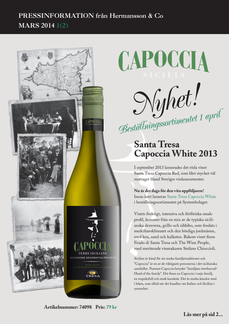 Nyhet! Santa Tresa Capoccia White 2013 lanseras den 1 april i Systembolagets beställningssortiment