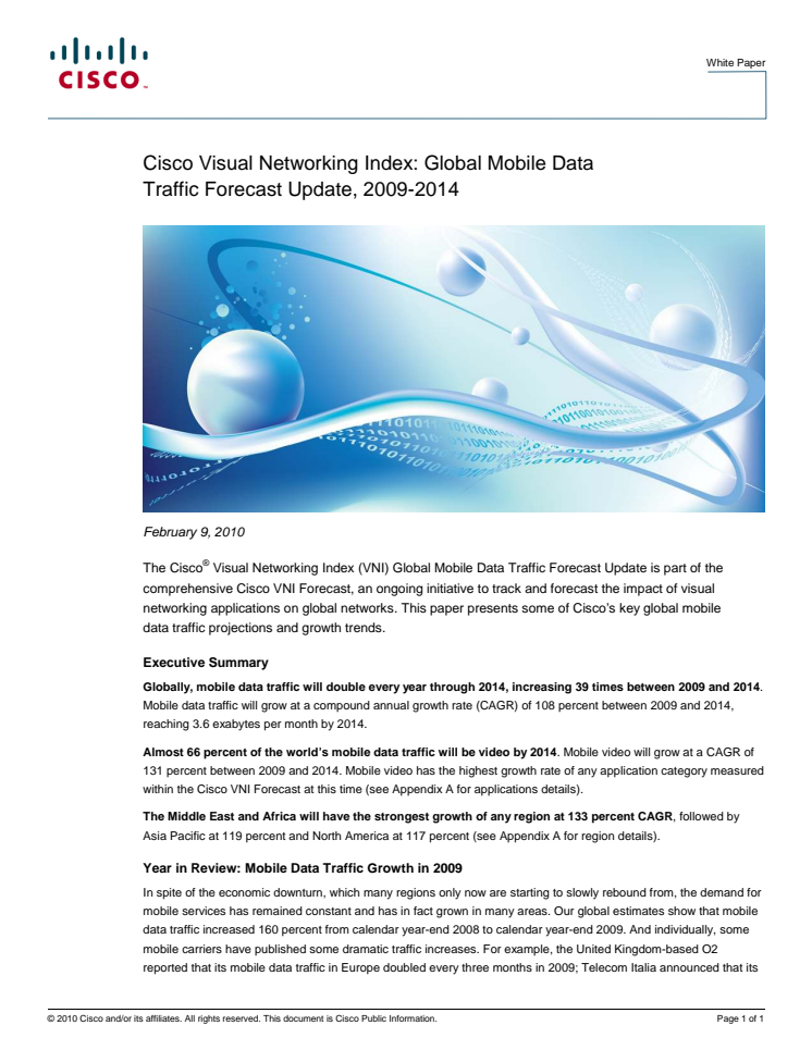 Cisco VNI Global Mobile Data forecast 2009-2014