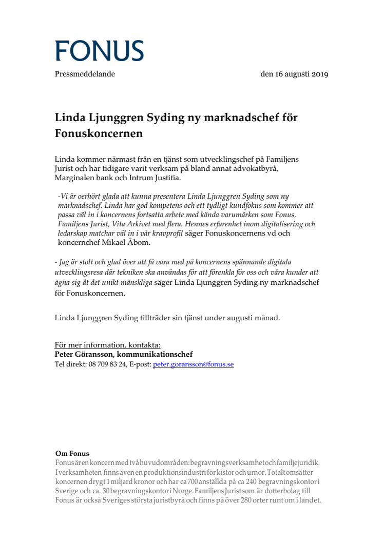 Linda Ljunggren Syding ny marknadschef för Fonuskoncernen
