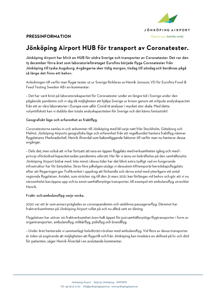 Jönköping Airport HUB för transport av Coronatester.