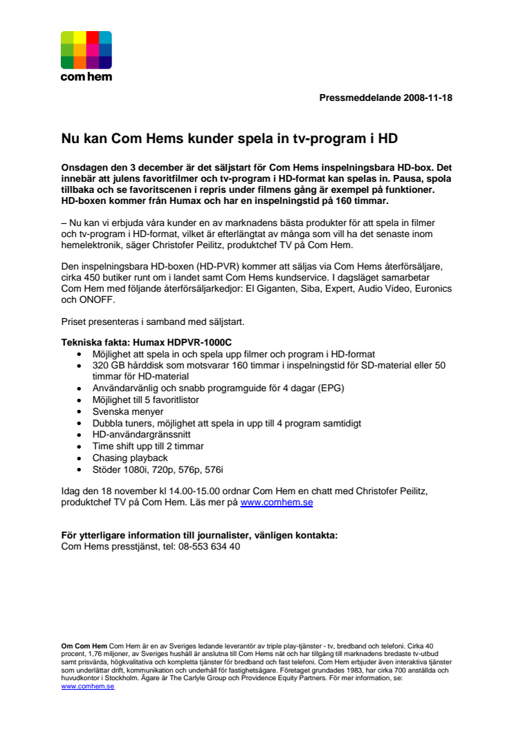 Nu kan Com Hems kunder spela in tv-program i HD
