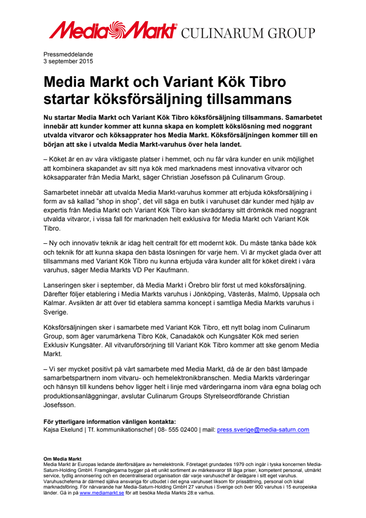 Media Markt och Variant Kök Tibro startar köksförsäljning tillsammans  