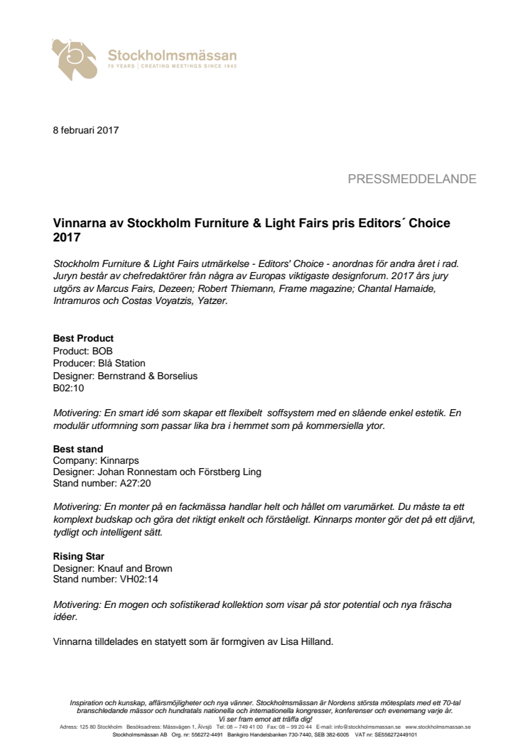 Vinnarna av Stockholm Furniture & Light Fairs pris Editors´ Choice 2017