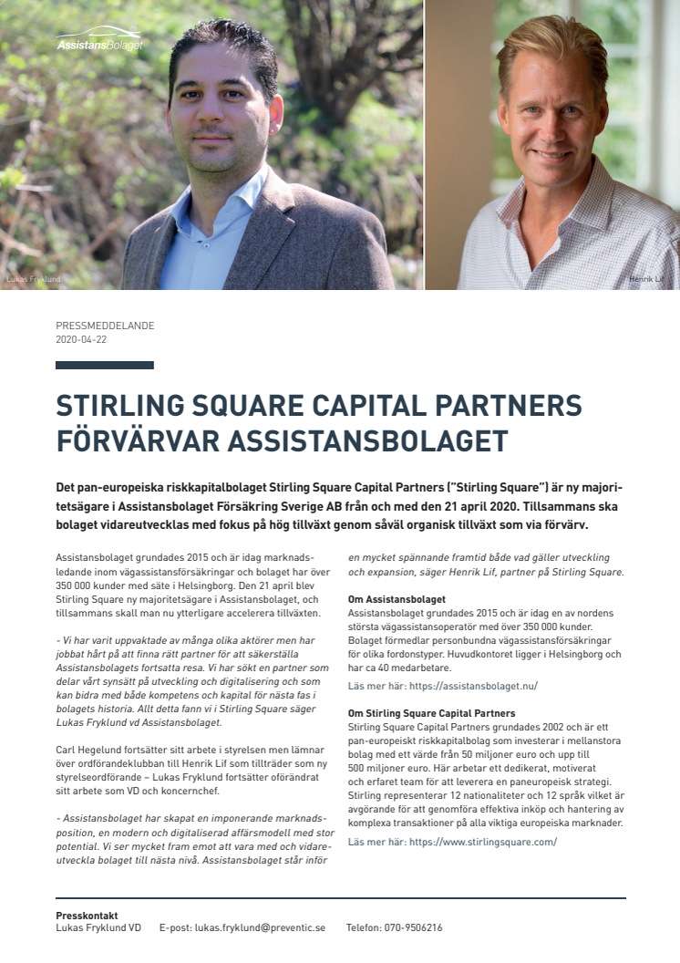 Stirling Square Capital Partners förvärvar Assistansbolaget