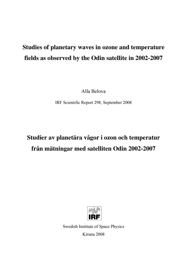 Avhandling-Studier av planetära vågor i ozon och temperatur från mätningar med satelliten Odin 2002-2007