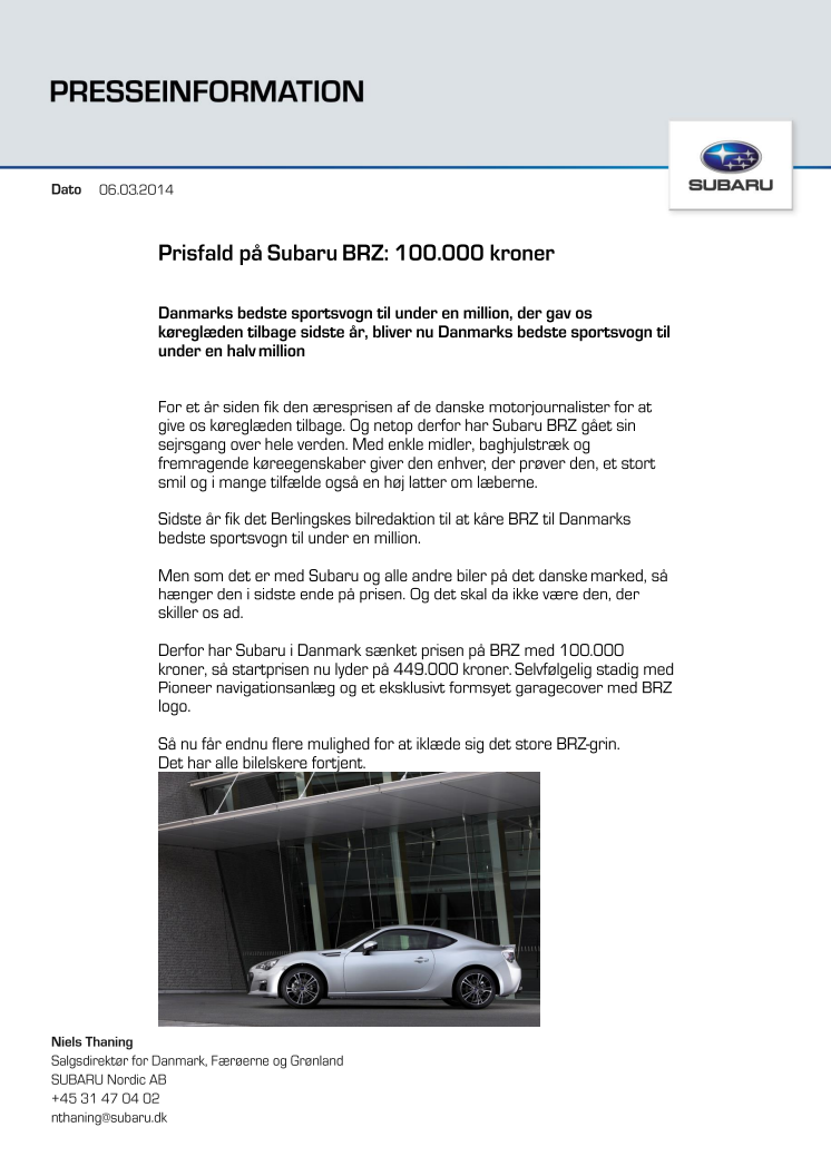 Prisfald på Subaru BRZ: 100.000 kroner
