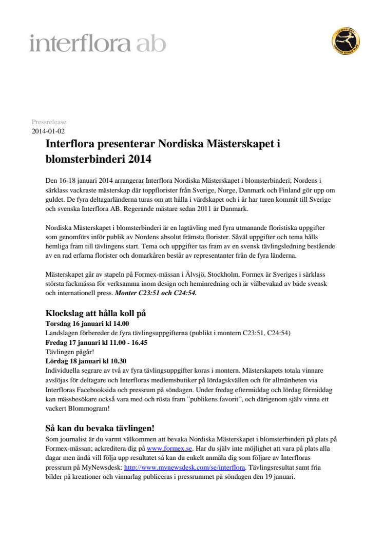 Interflora presenterar Nordiska Mästerskapet i blomsterbinderi 2014