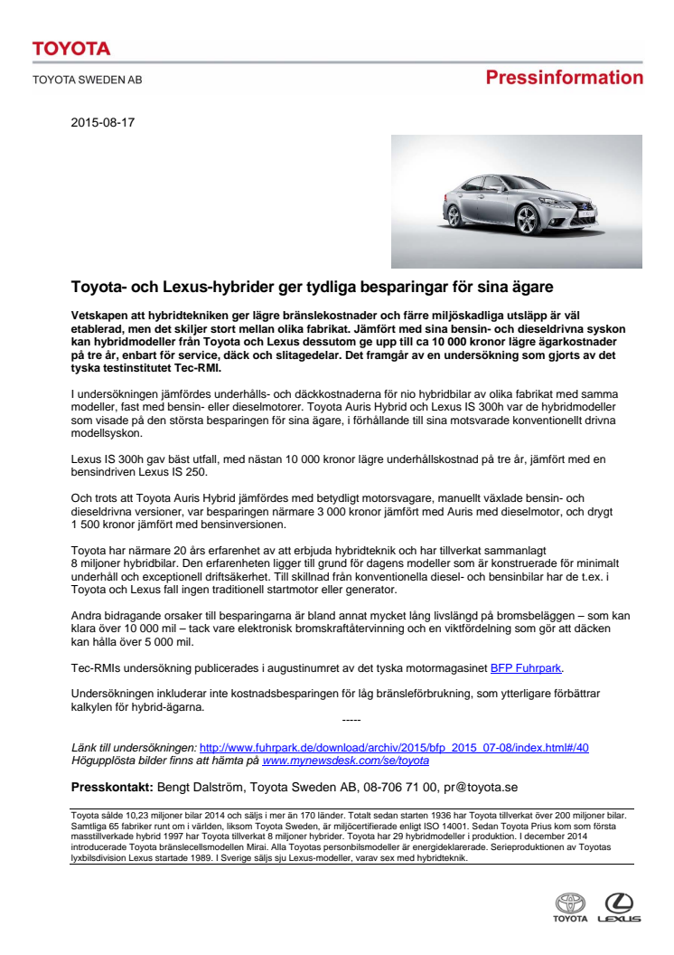 Toyota- och Lexus-hybrider ger tydliga besparingar för sina ägare