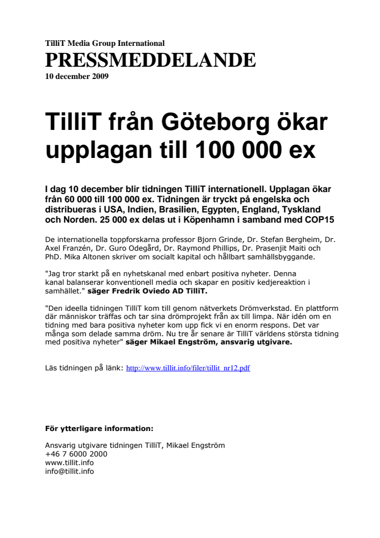 TilliT från Göteborg ökar upplagan till 100 000 ex