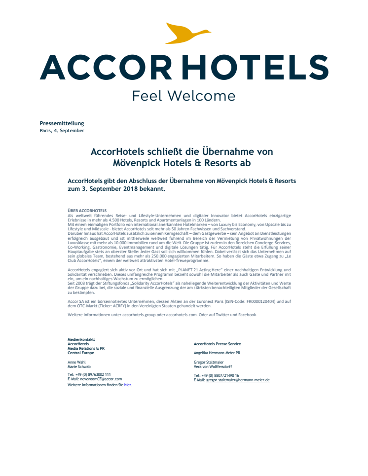 AccorHotels schließt die Übernahme von Mövenpick Hotels & Resorts ab