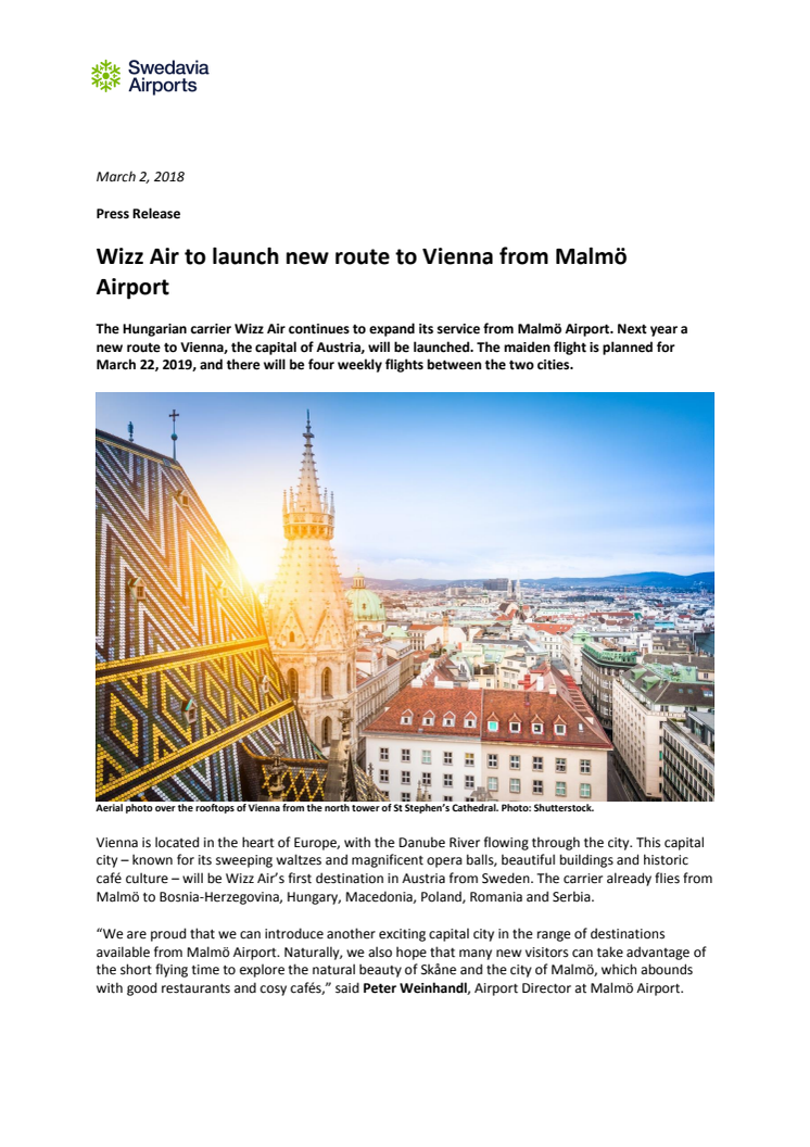 Wizz Air to launch new route to Vienna from Malmö Airport