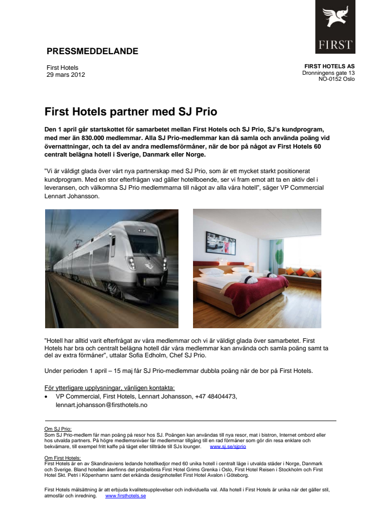 First Hotels partner med SJ Prio