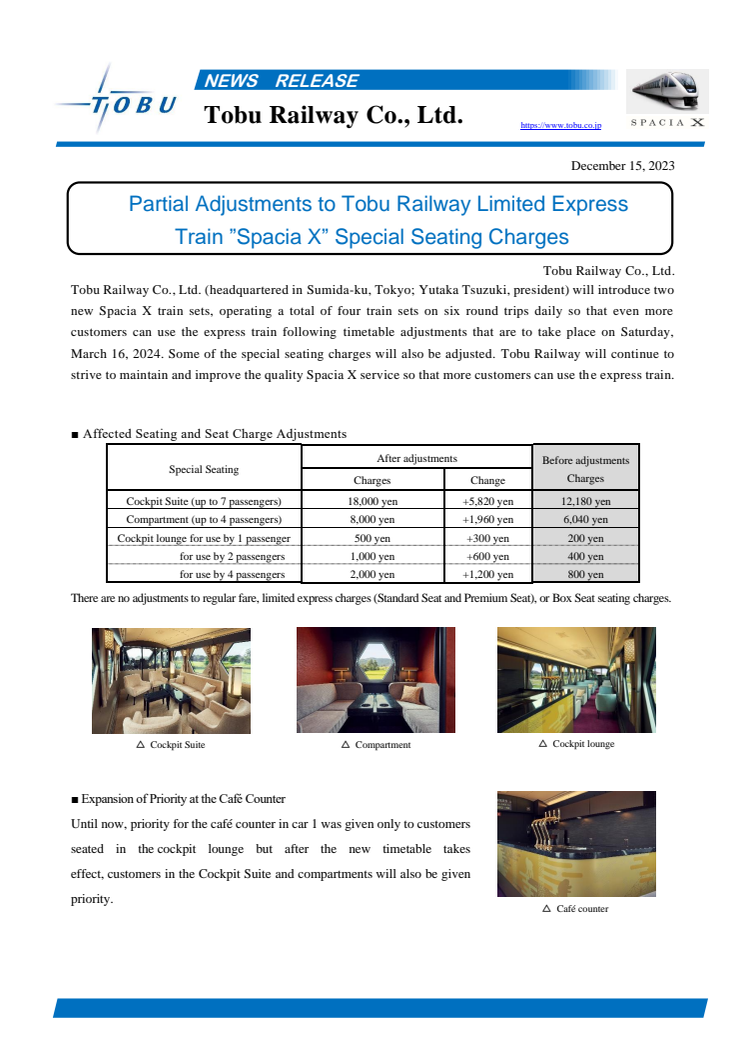 Partial Adjustments to Tobu Railway Limited Express Train ”Spacia X” Special Seating Charges