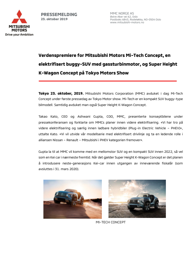 Verdenspremiere for Mitsubishi Motors Mi-Tech Concept, en elektrifisert buggy-SUV med gassturbinmotor, og Super Height K-Wagon Concept på Tokyo Motors Show