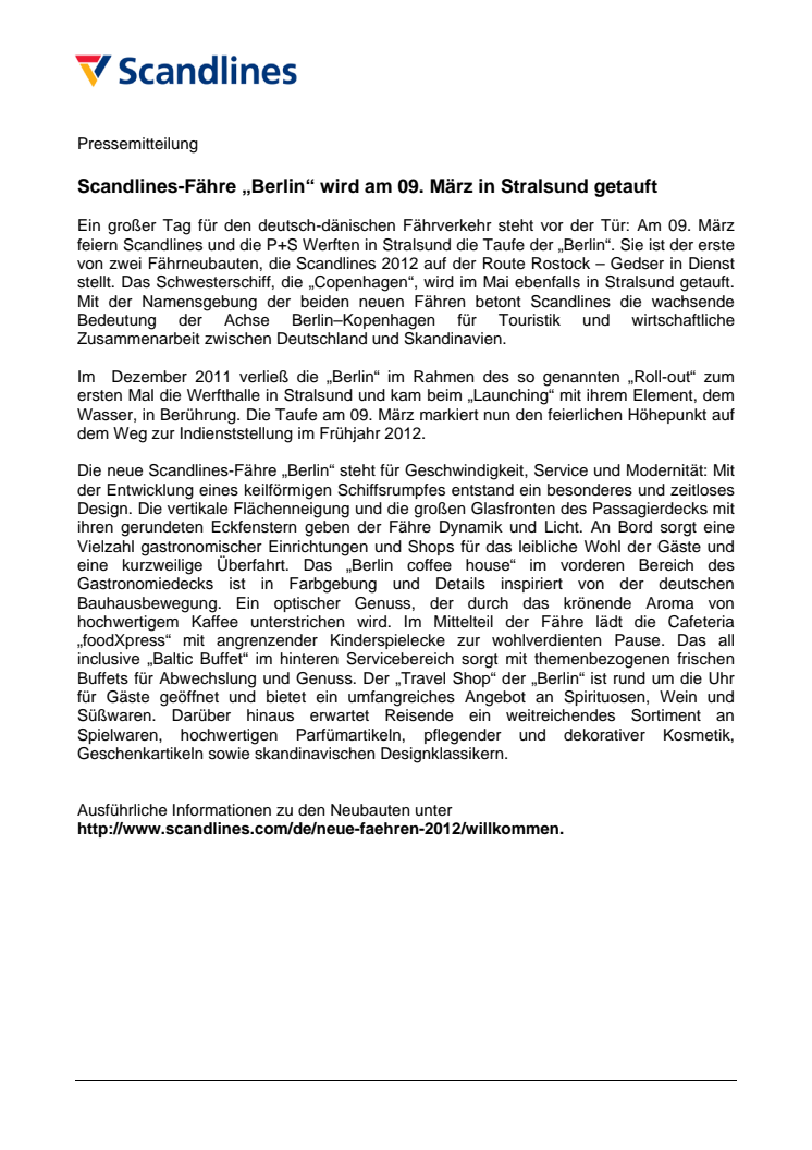 Scandlines-Fähre „Berlin“ wird am 09. März in Stralsund getauft