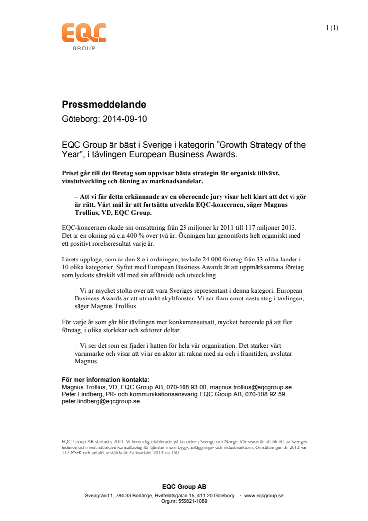 EQC Group är bäst i Sverige i kategorin ”Growth Strategy of the Year”, i tävlingen European Business Awards