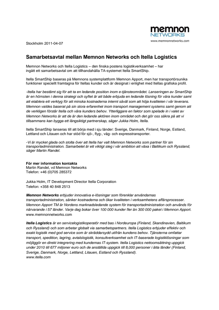 Samarbetsavtal mellan Memnon Networks och Itella Logistics 