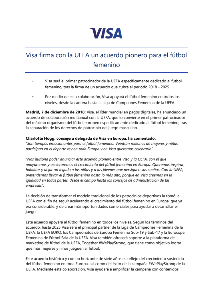 Visa firma con la UEFA un acuerdo pionero para el fútbol femenino