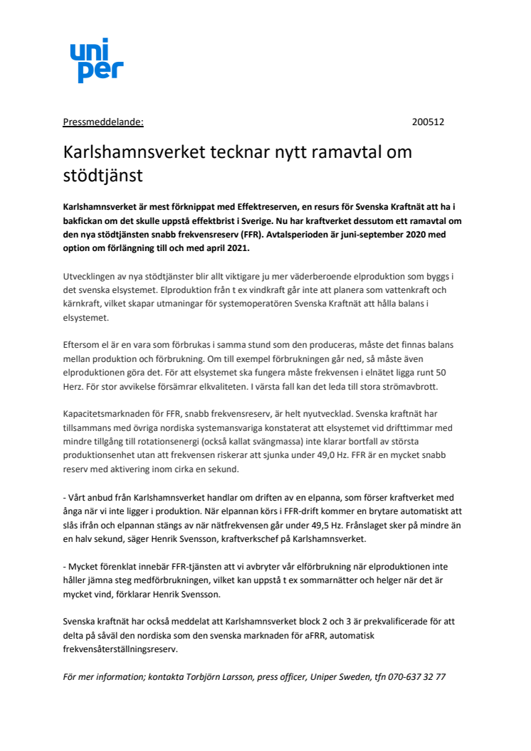 Karlshamnsverket tecknar nytt ramavtal om stödtjänst 