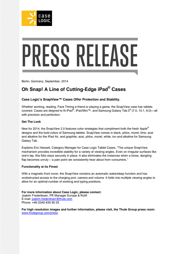 Case Logic Snapview, a Line of Cutting-Edge iPad® Cases