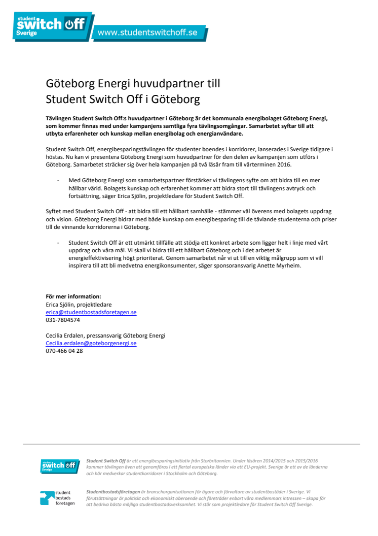 ​Göteborg Energi huvudpartner till Student Switch Off i Göteborg
