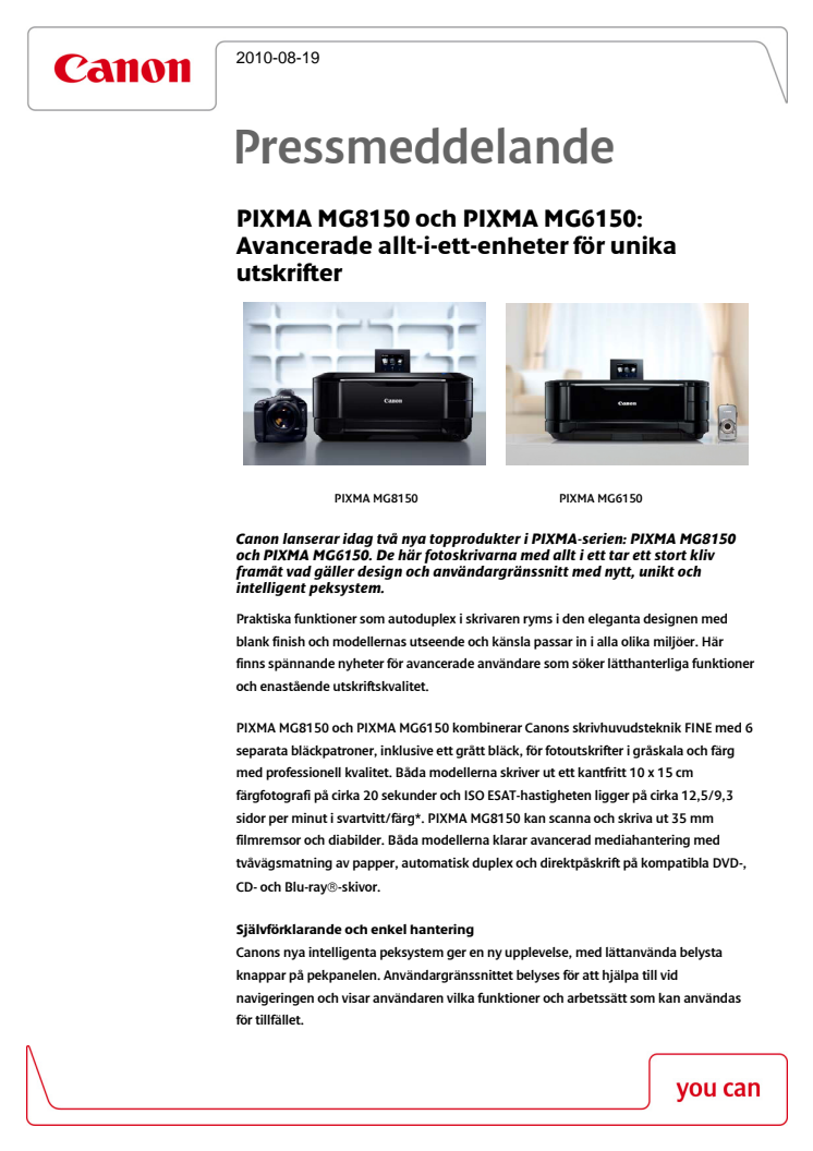 Pressmeddelande PIXMA MG8150 och PIXMA MG6150