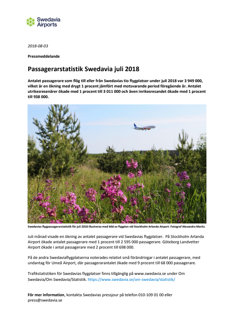 Passagerarstatistik Swedavia juli 2018