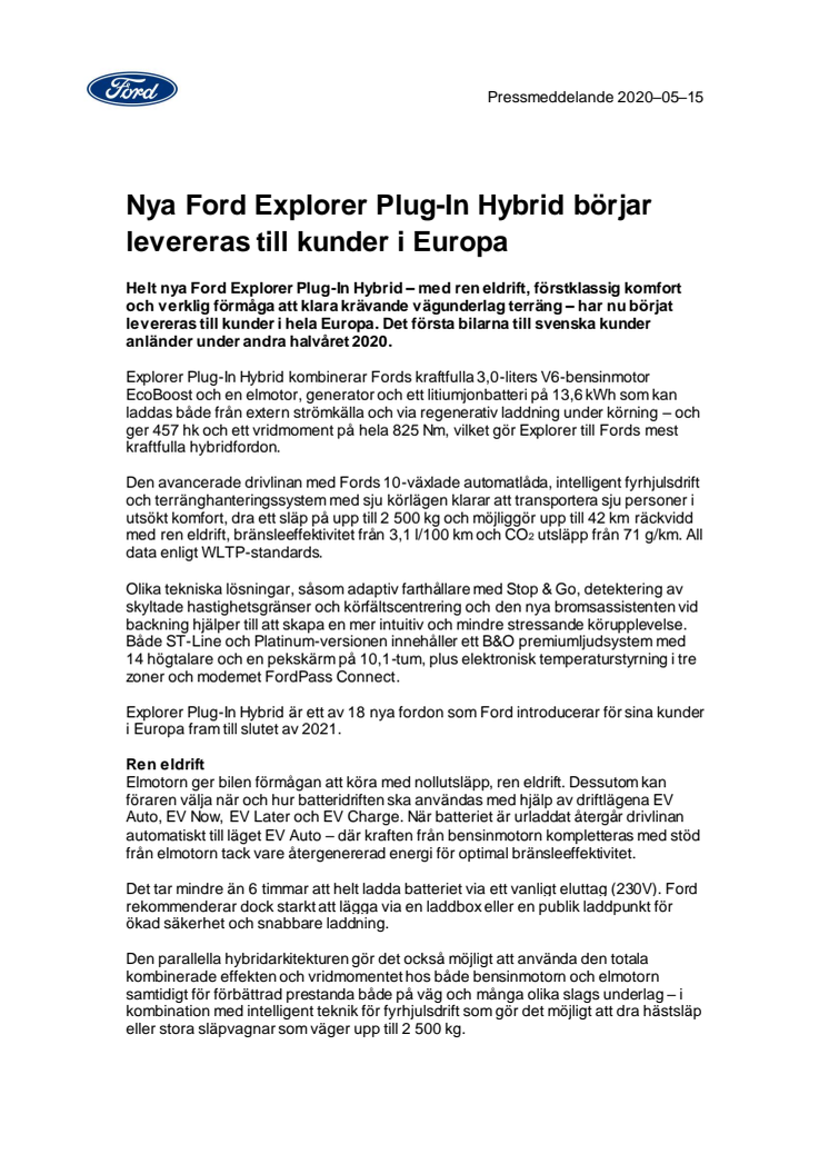 Nya Ford Explorer Plug-In Hybrid börjar levereras till kunder i Europa