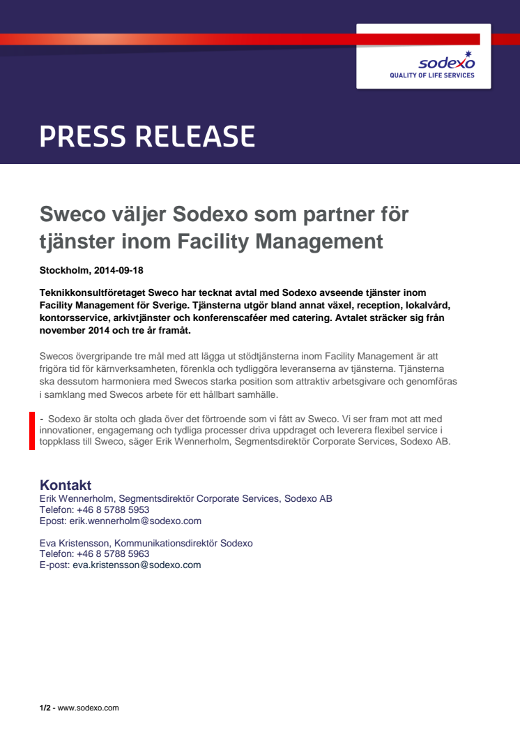 Sweco väljer Sodexo som partner för tjänster inom Facility Management