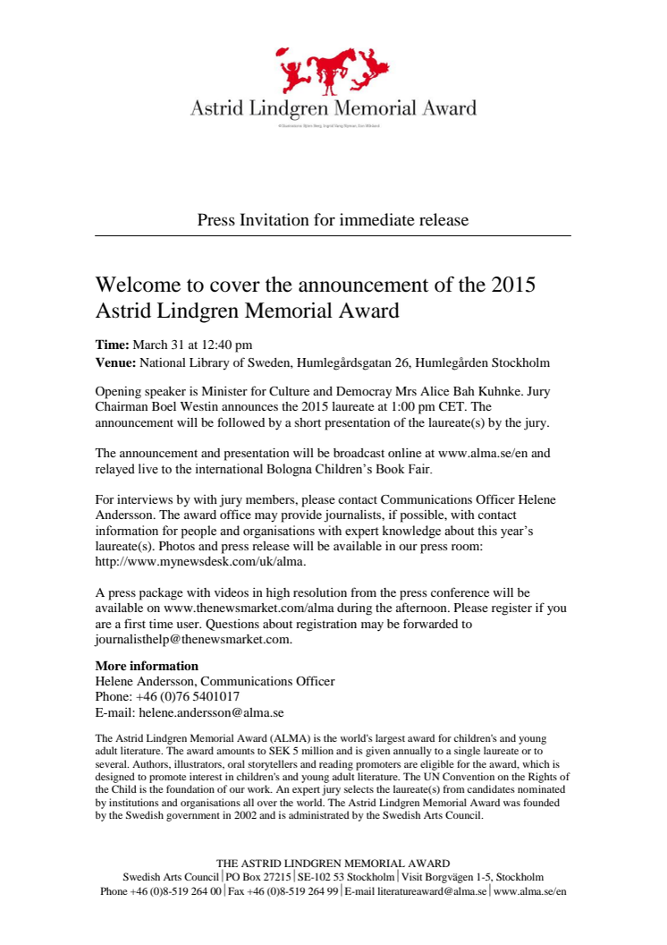 Press Invitation: Announcement of the 2015 Astrid Lindgren Memorial Award