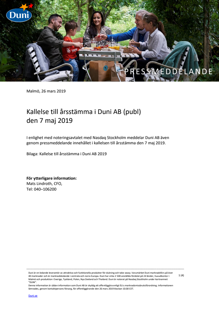 Kallelse till årsstämma i Duni AB (publ) den 7 maj 2019